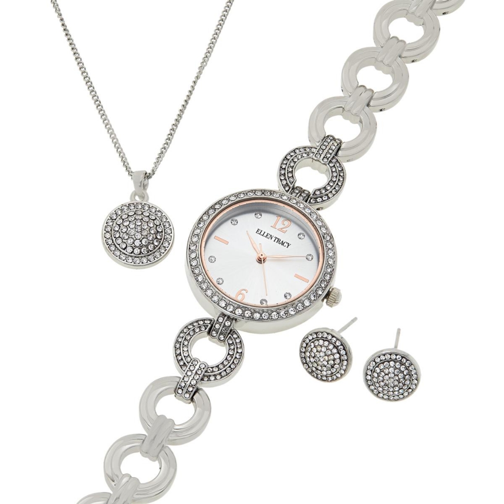 Nwot Ellen Tracy Crystal-Accented Watch Necklace And Earring Set 15$